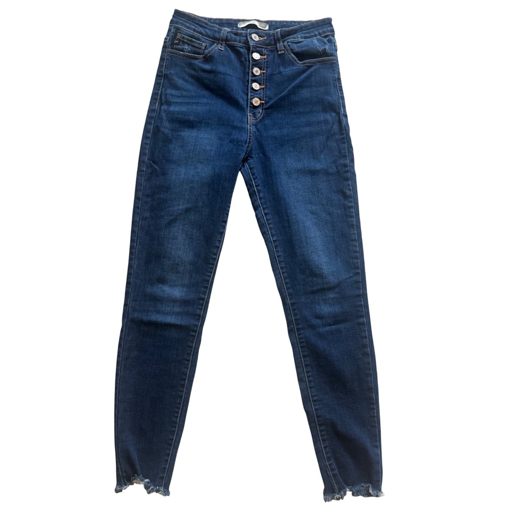 KanCan Womens High Rise Button Fly Skinny Jeans‎ Dark Wash Raw Step Hem Indigo